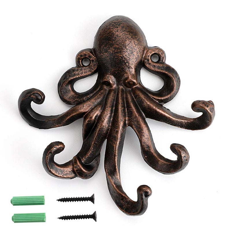 Sumnacon 6 Inch Cast Iron Octopus Decorative Coat Hook - Wall Mounted Nautical Hand Towel Rack Holder with Screws, Rustic Metal Clothing Hanger for Bedroom/Bathroom/Kitchen/Balcony, Red Bronze - Image 1